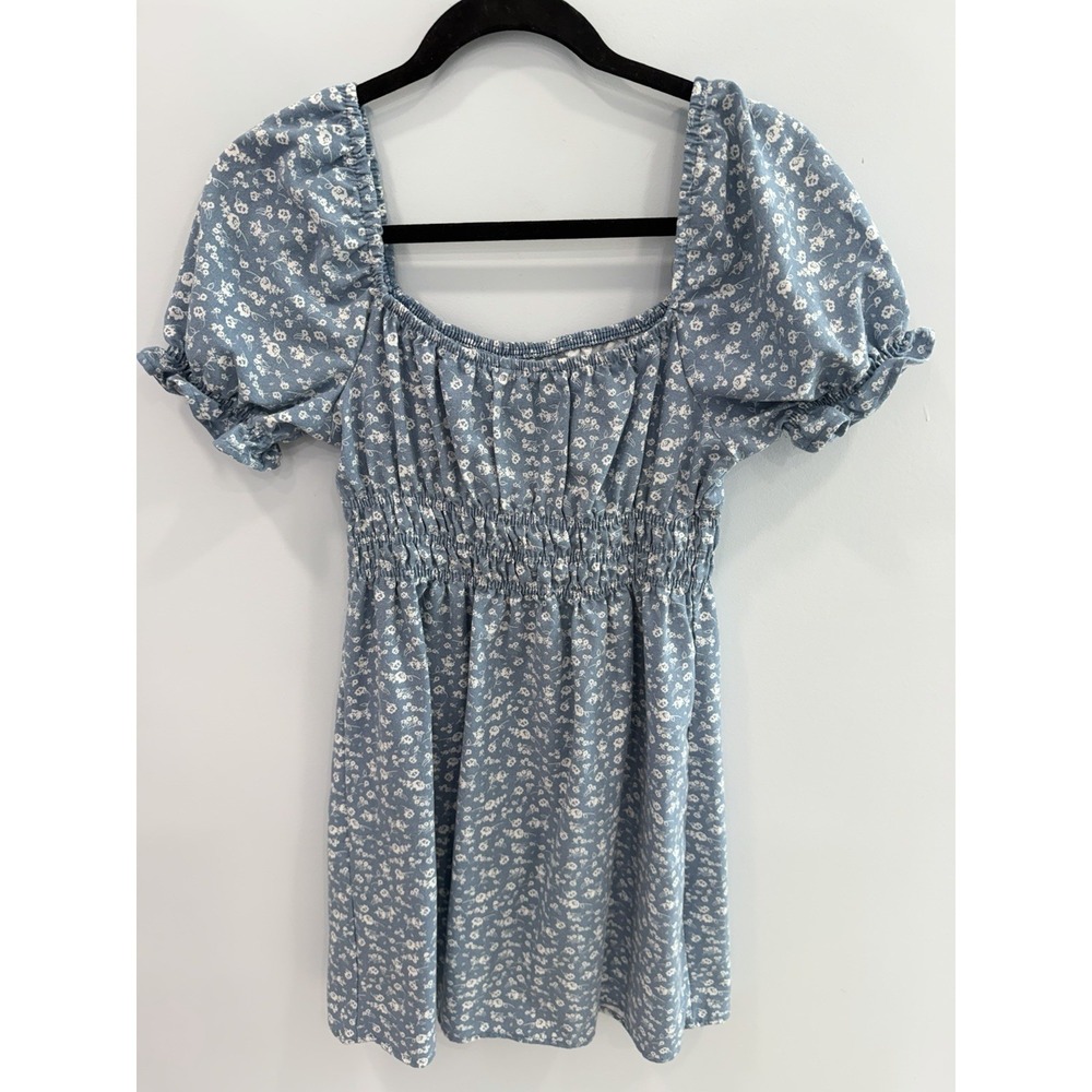 Iris Blue White Floral Babydoll Dress Medium Cottagecore Milkmaid Puff Sleeve - Picture 5 of 11